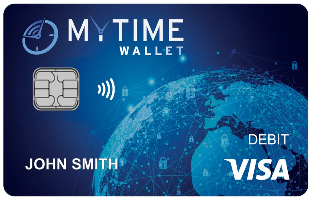 The front of the MyTime Wallet debit card.