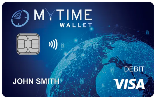 The front of the MyTime Wallet debit card.