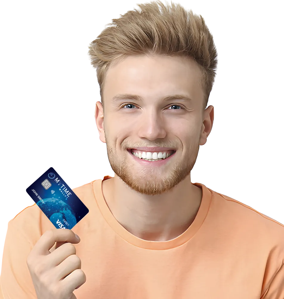 A smiling man holding a MyTime debit card.